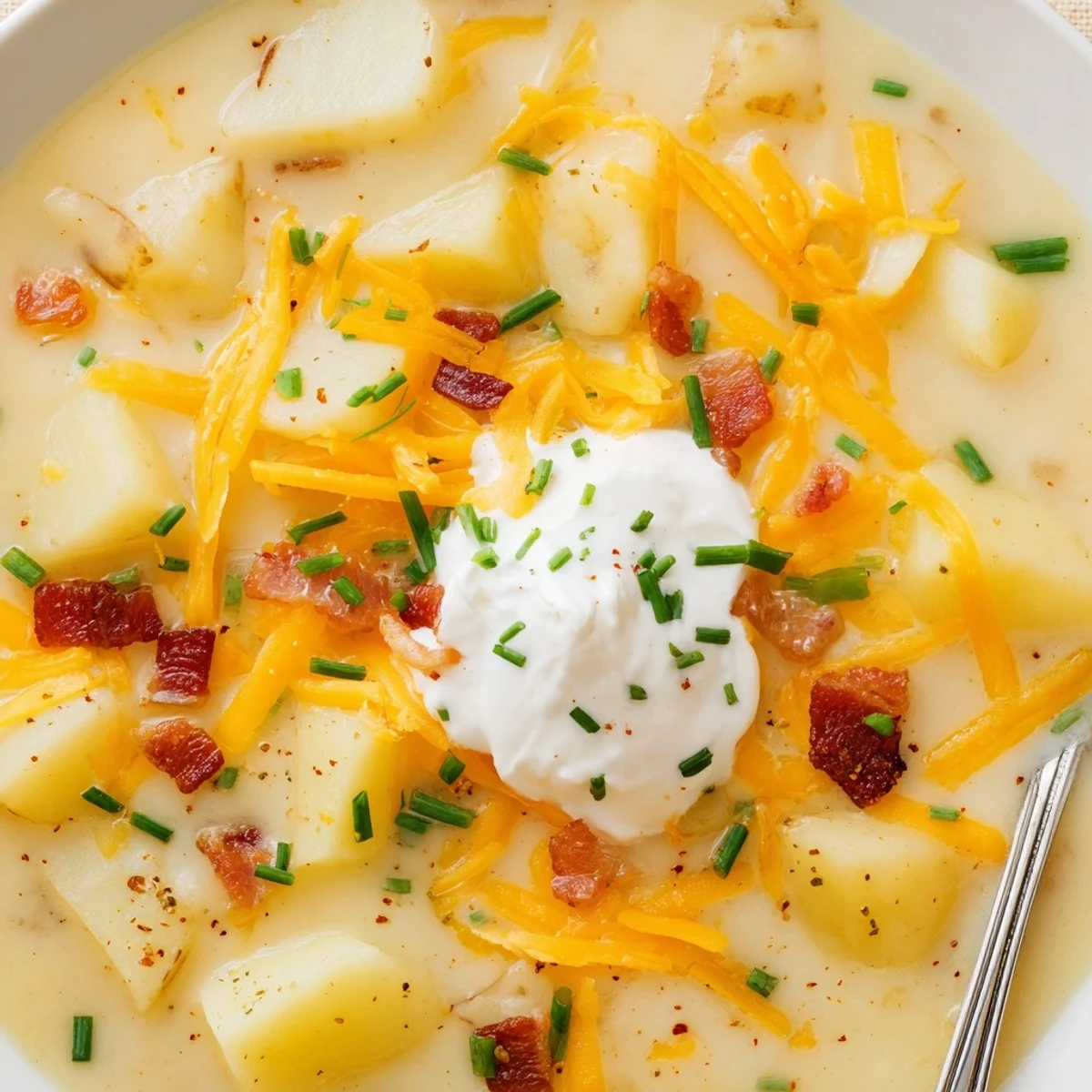 Steaming ladle of Creamy Cheddar Outback Potato Soup Delight, crusty bread beside.