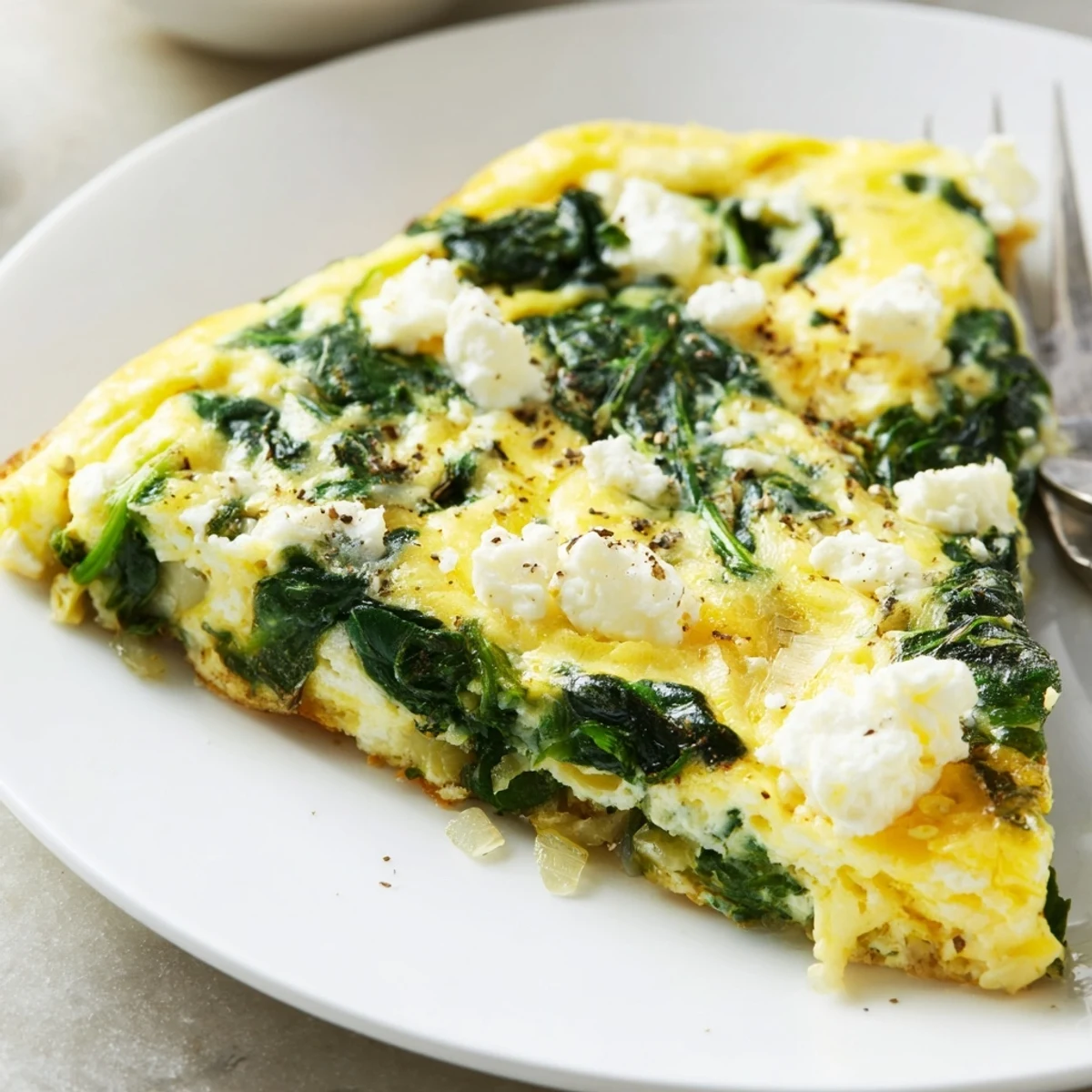 Spinach Frittata With Feta sliced, golden top, wilted spinach, warm brunch plate