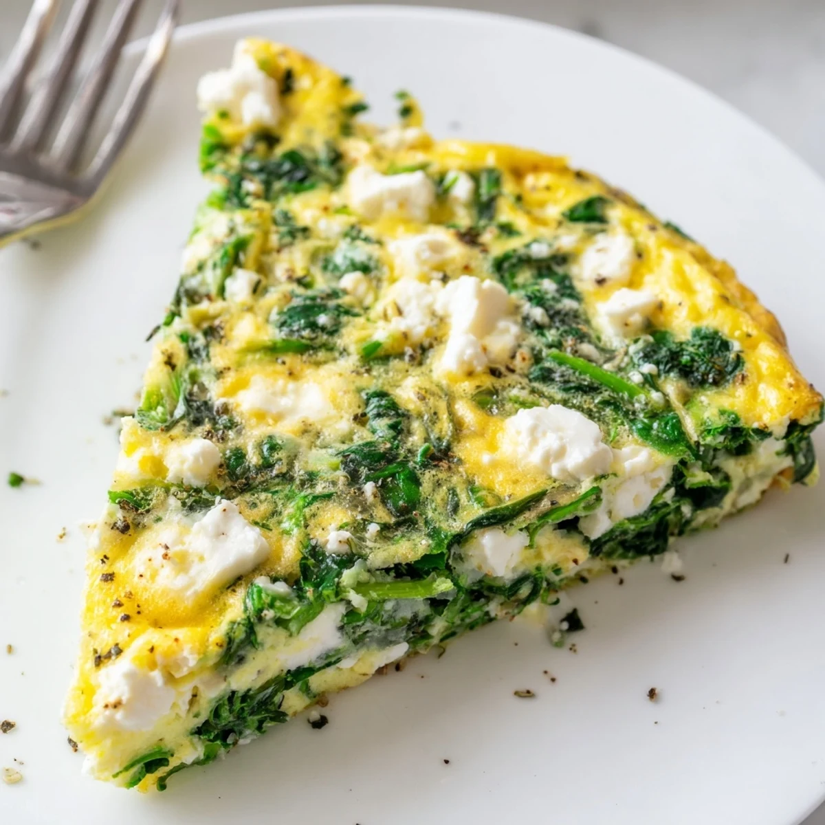 Served warm, Spinach Frittata With Feta on plate next to salad, tangy bites