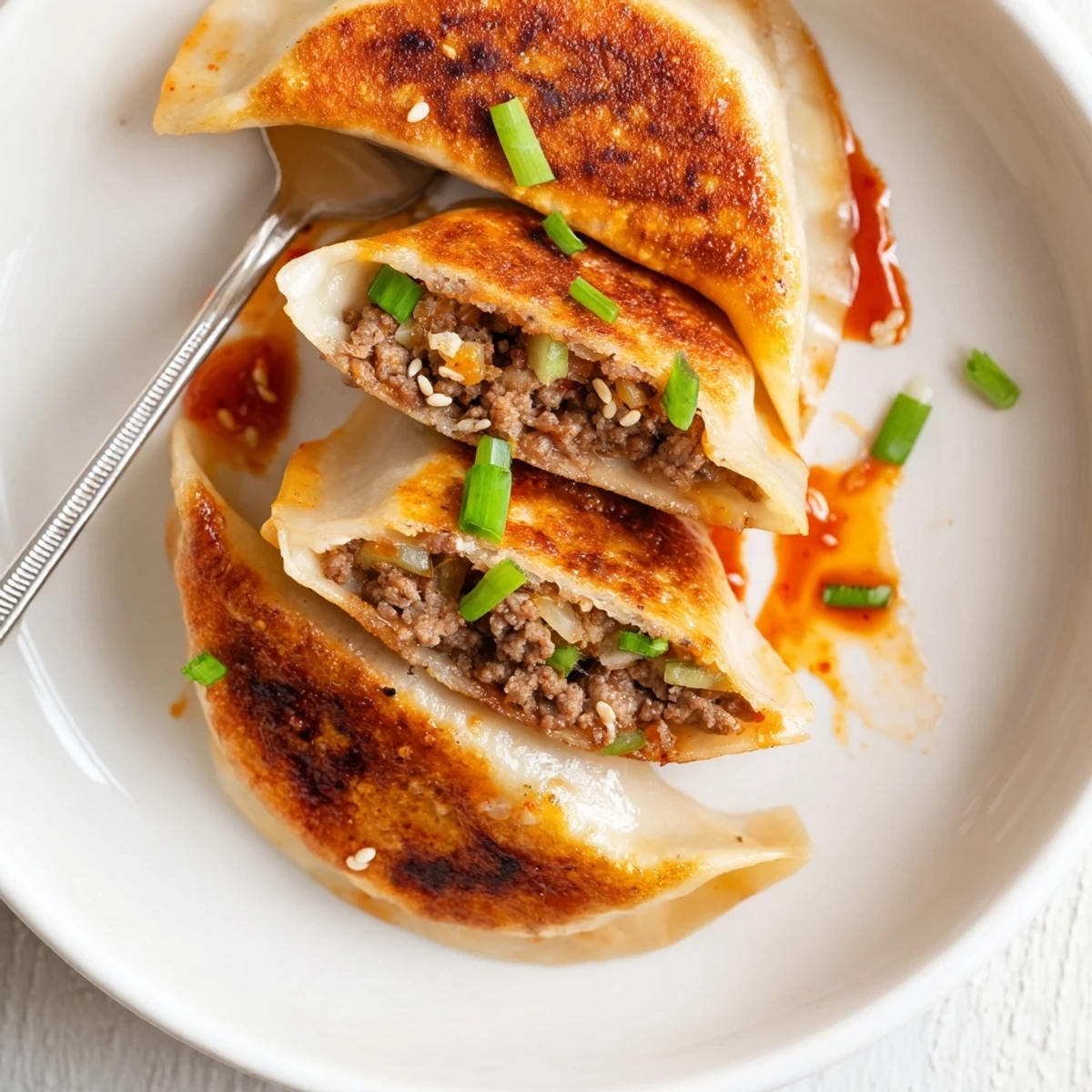 Close up of Savory Beef Mandu With Sweet Gochujang Glaze, steam rising, scallion garnish
