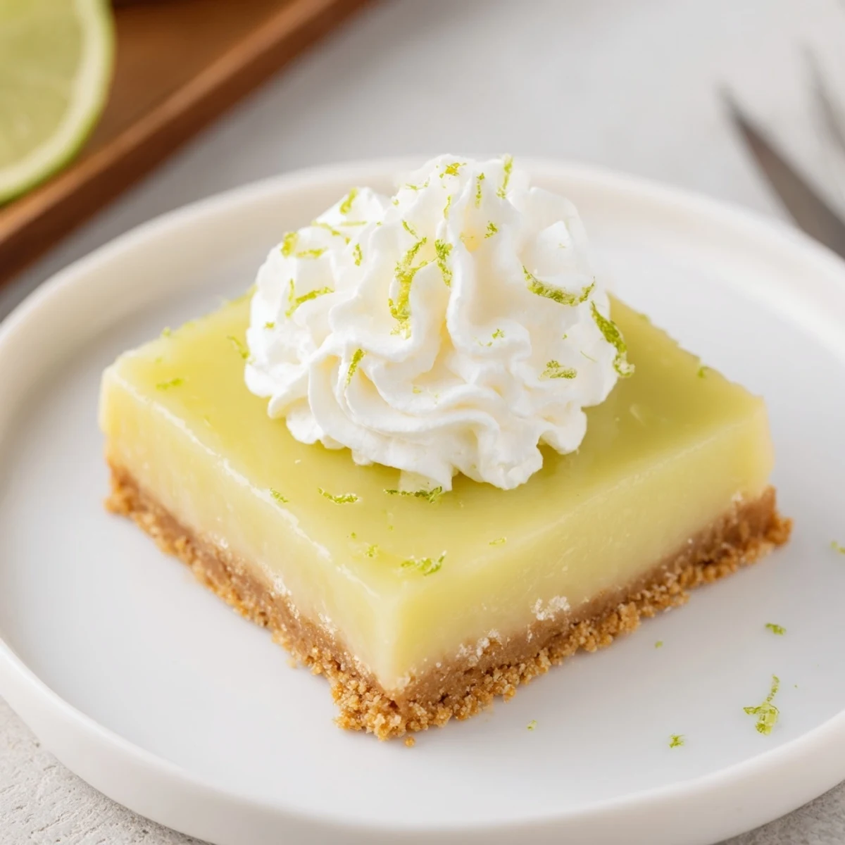 Chilled Key Lime Pie Bars recipe sliced into squares, whipped cream topping