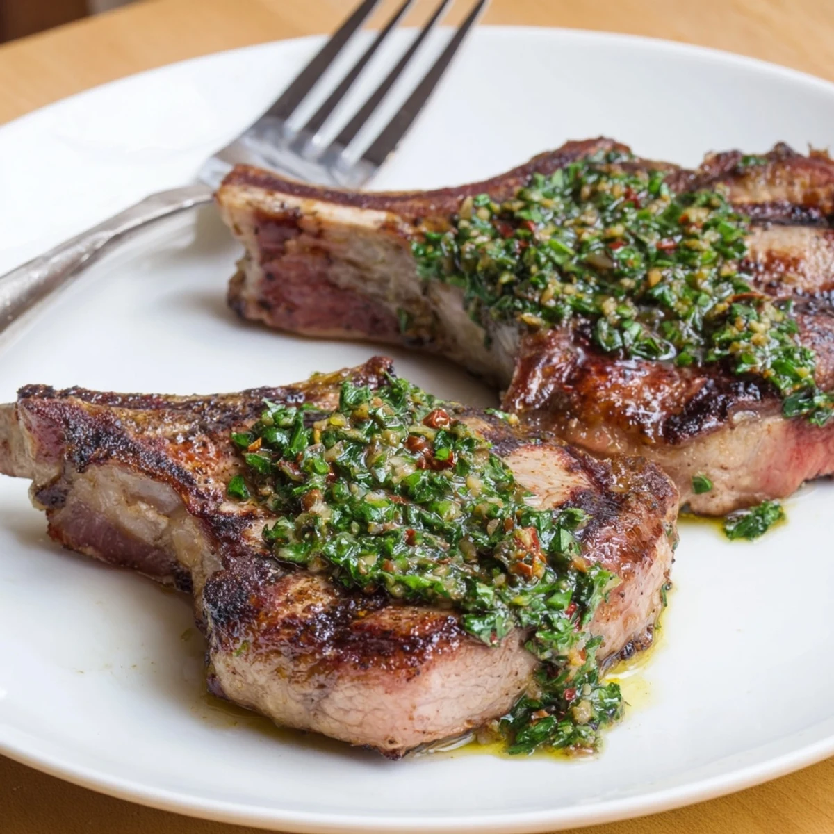 Pan-seared Lamb Chops With Chimichurri resting on cutting board, fragrant garlic