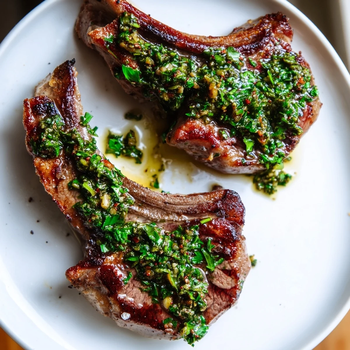 Tender Lamb Chops With Chimichurri topped with spoonfuls of zesty parsley sauce