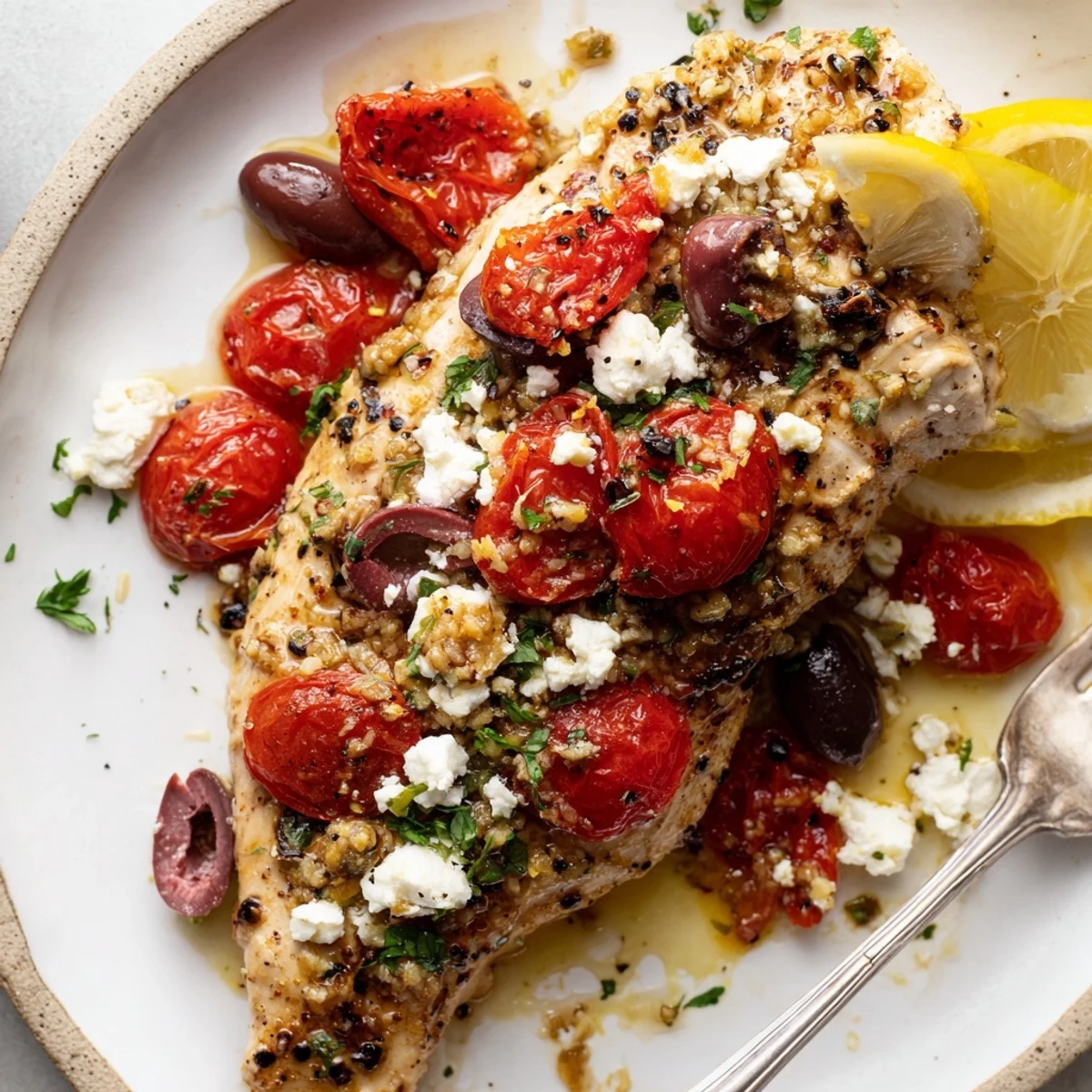 Greek Chicken With Lemon And Feta sizzling in baking dish, fresh herbs
