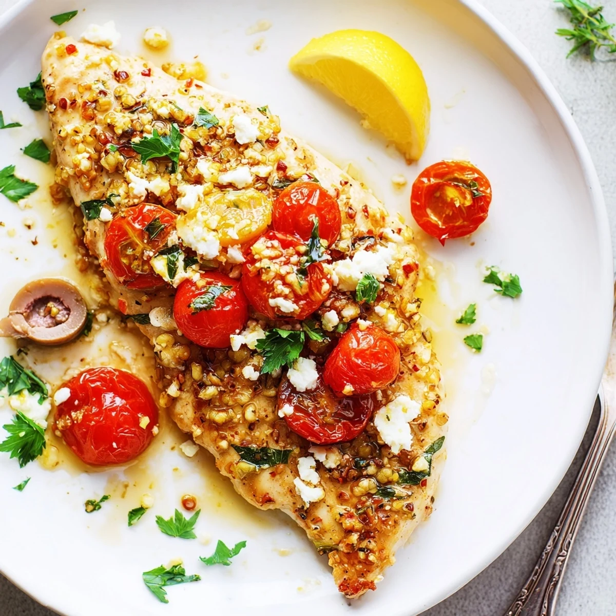 Plated Greek Chicken With Lemon And Feta, juicy breasts, bright lemon wedges