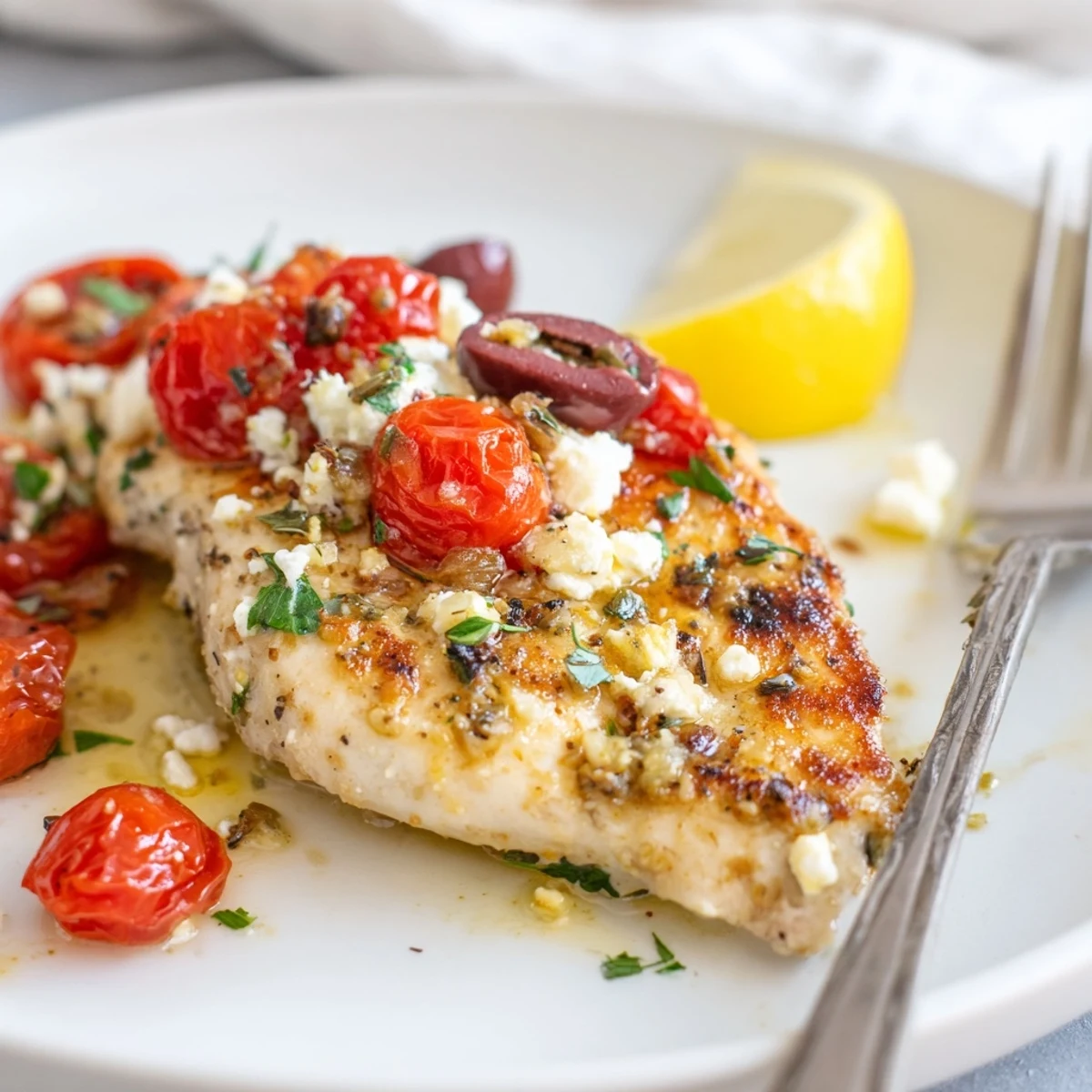Family style Greek Chicken With Lemon And Feta, tomatoes, briny olives, parsley