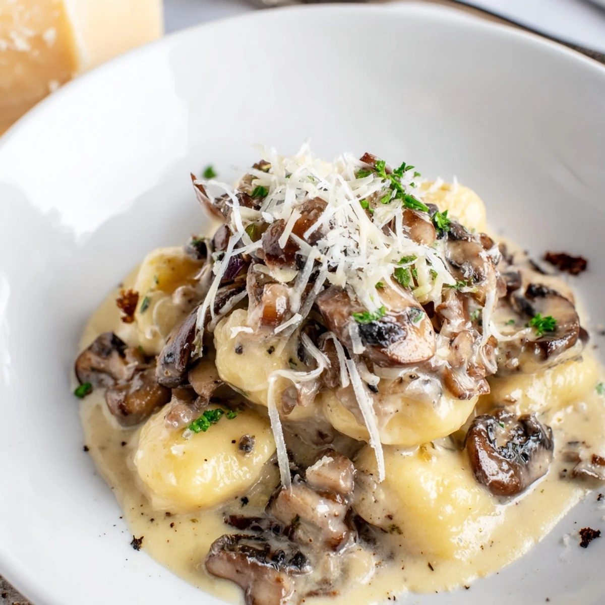 Warm Mushroom Gnocchi In Cream Sauce topped with chopped parsley and extra Parmesan.