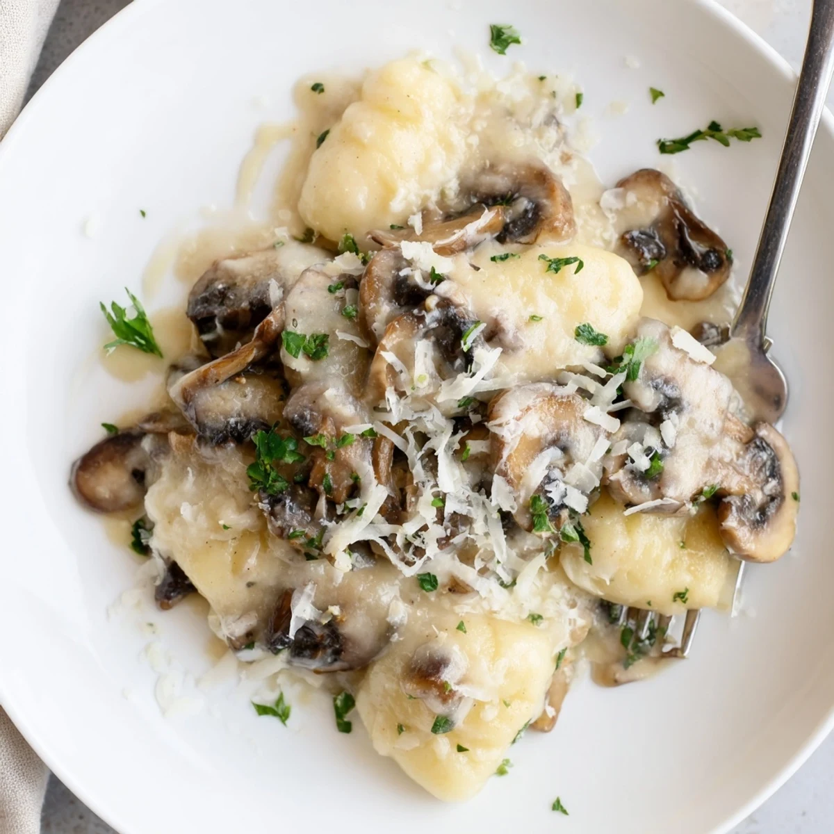 Creamy, earthy aroma of Mushroom Gnocchi In Cream Sauce on white plate.
