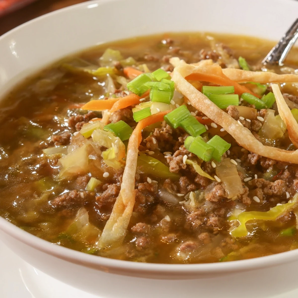 Bowl of Savory Beef Egg Roll Soup Delight with crispy wrappers, scallions.