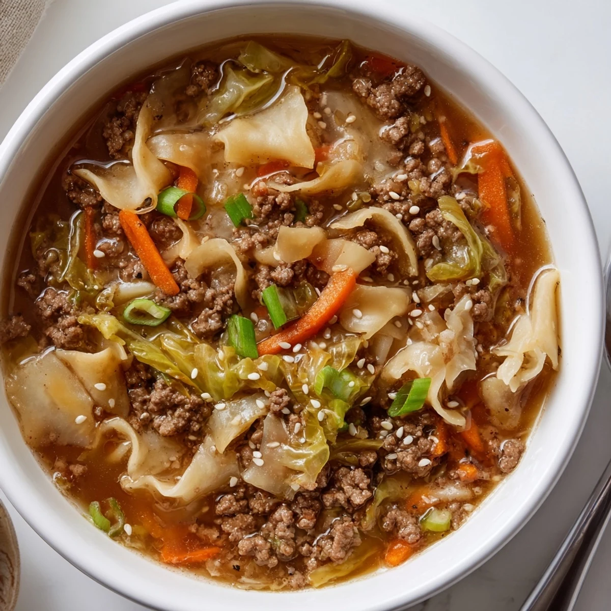 Steam rising from Savory Beef Egg Roll Soup Delight, fragrant ginger and soy.