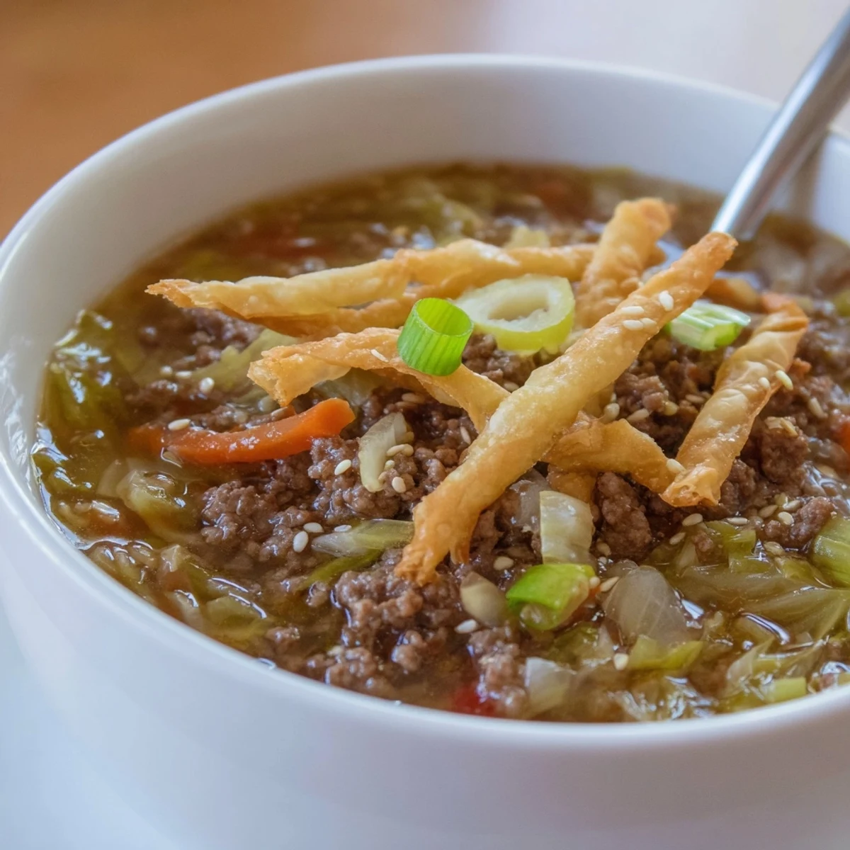 Hearty Savory Beef Egg Roll Soup Delight garnished with sesame seeds, fried strips.