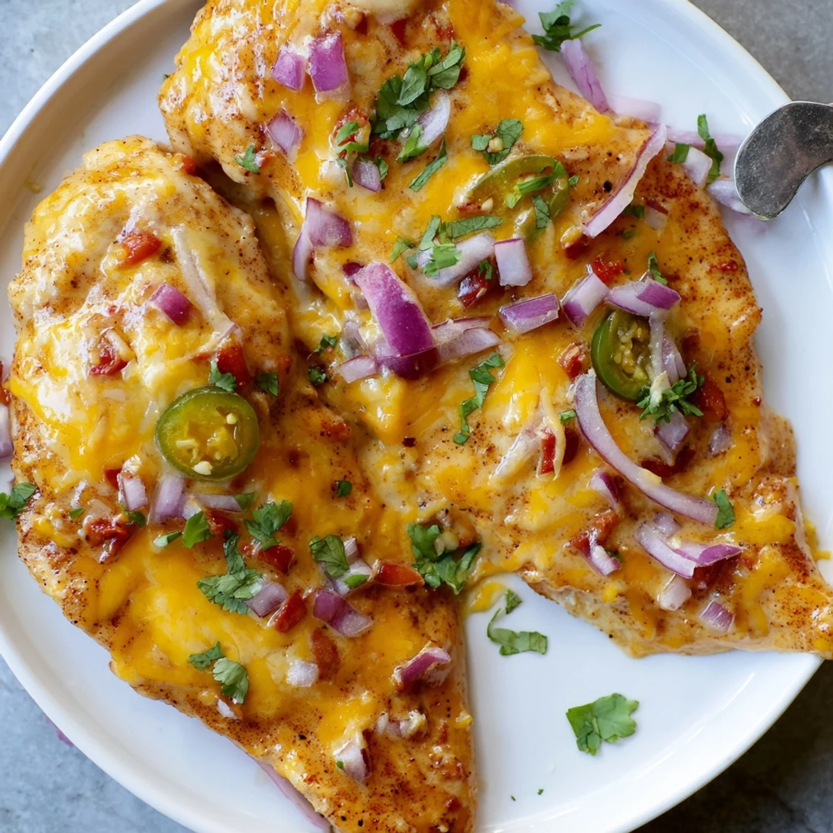 Flavorful Baked Queso Chicken bubbling under golden cheese, cilantro garnish