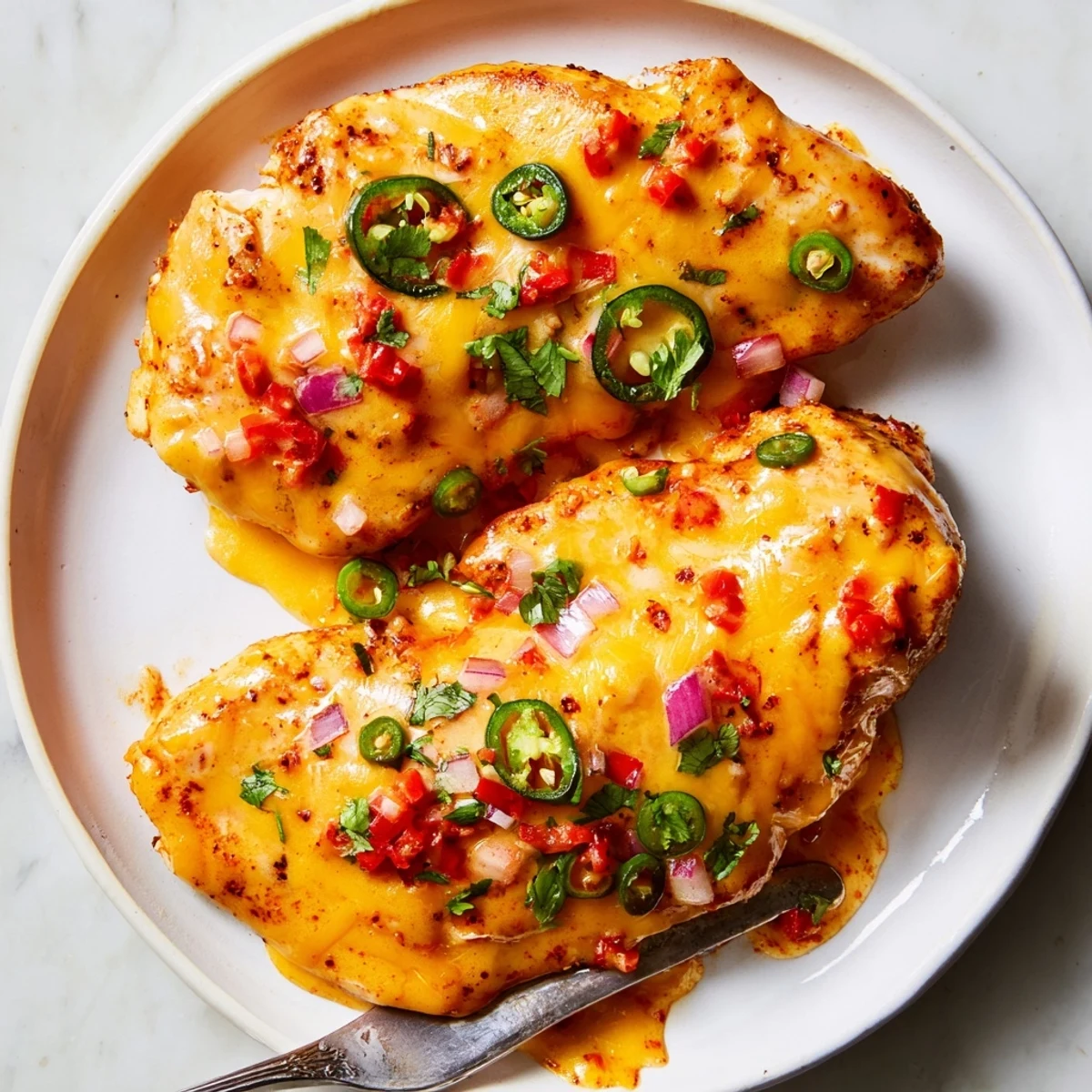 Oven-roasted Flavorful Baked Queso Chicken topped with creamy queso and jalapeño