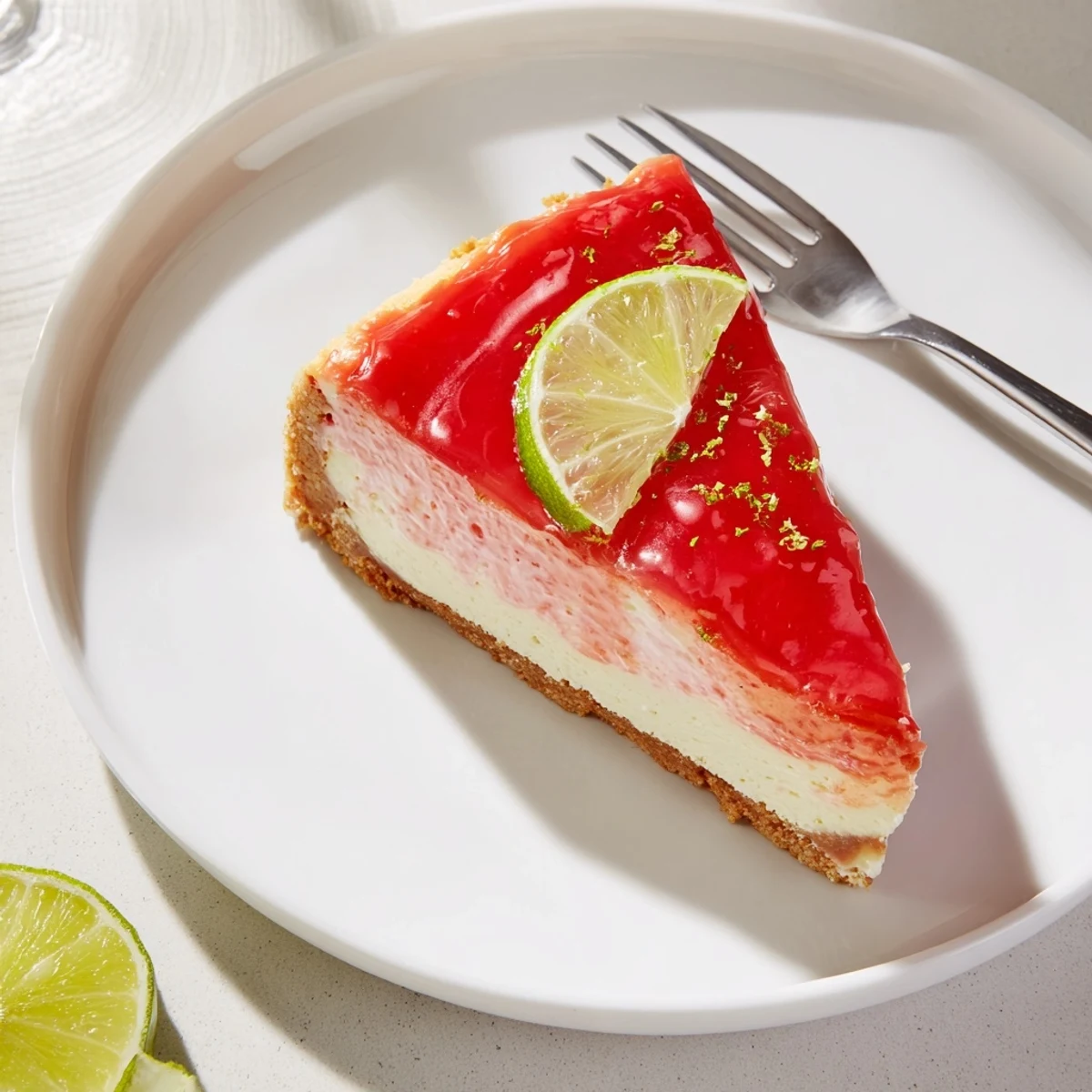 A chilled Guava Cheesecake Recipe topped with bright lime zest and slices