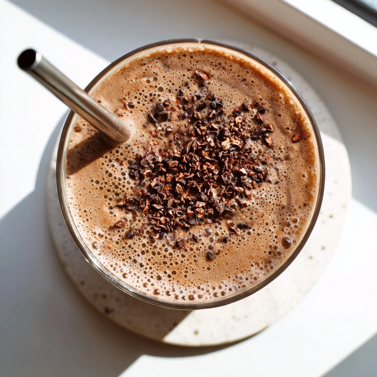 Thick raw chocolate banana shake poured into a glass topped with cacao nibs