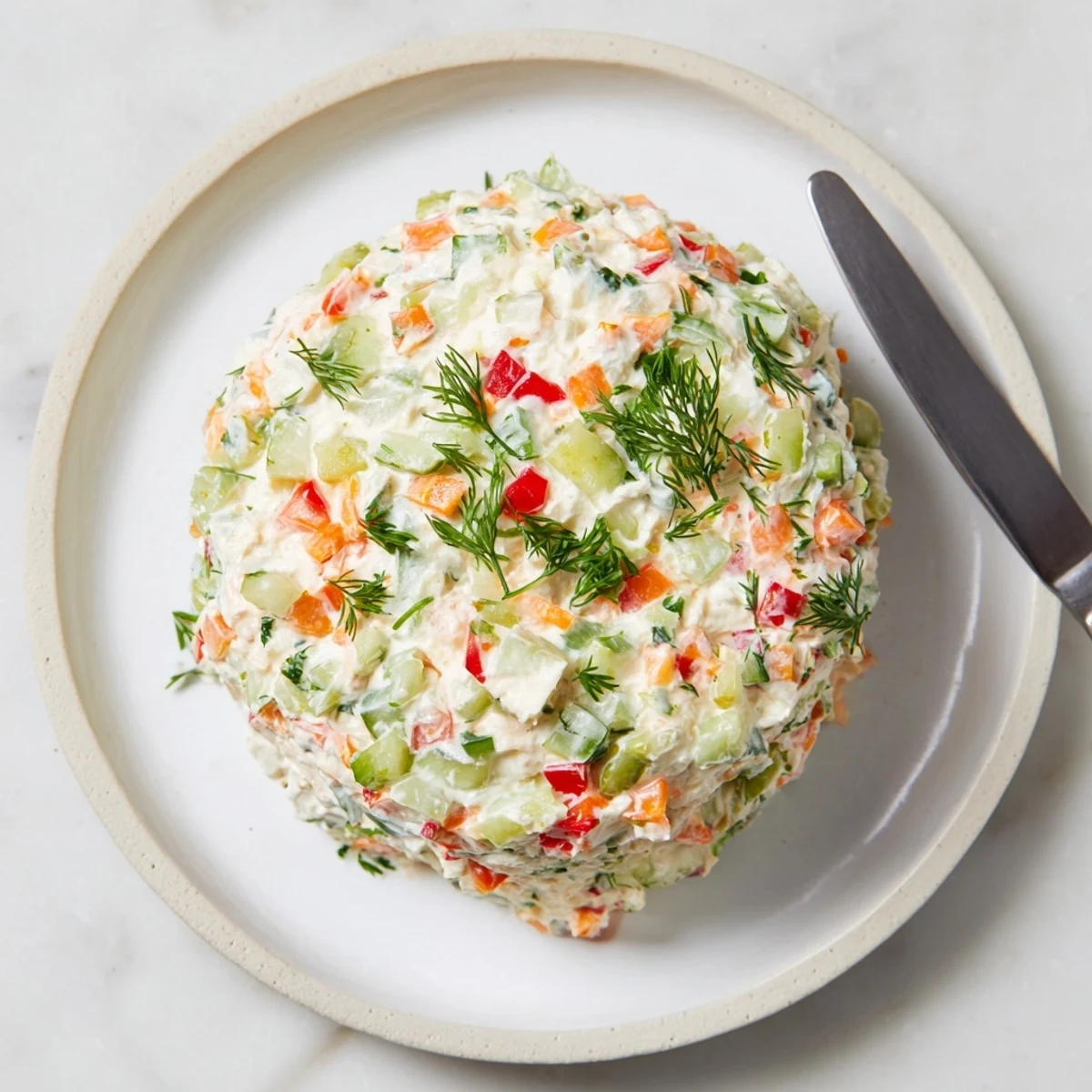 Creamy garden vegetable spread topped with colorful diced vegetables and fresh herbs