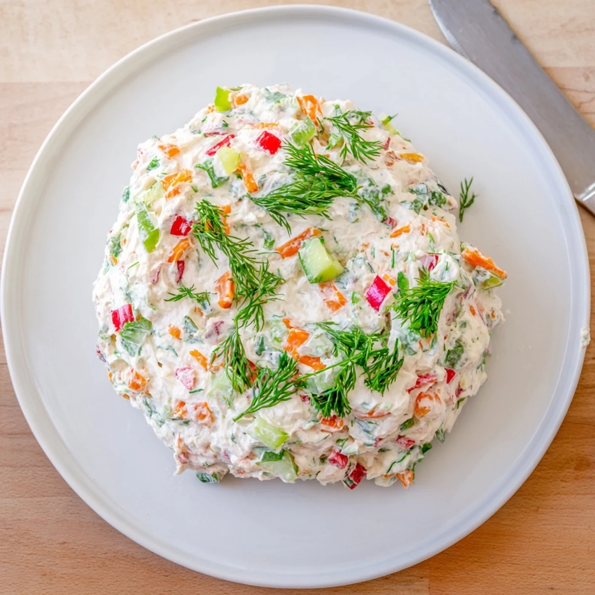 Garden vegetable spread served with crackers on a rustic wooden serving board