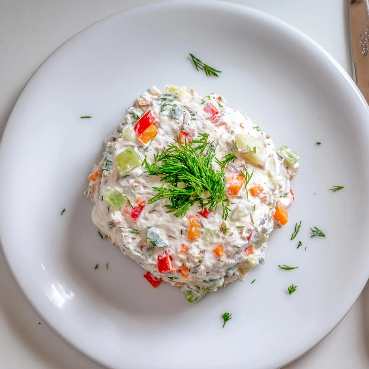 Homemade garden vegetable spread in a white bowl surrounded by fresh vegetable ingredients