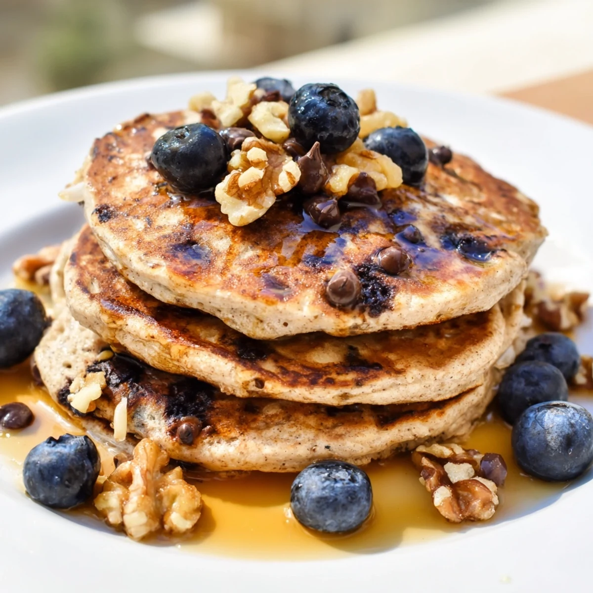 Golden brown stack of fluffy protein banana pancakes topped with fresh banana slices