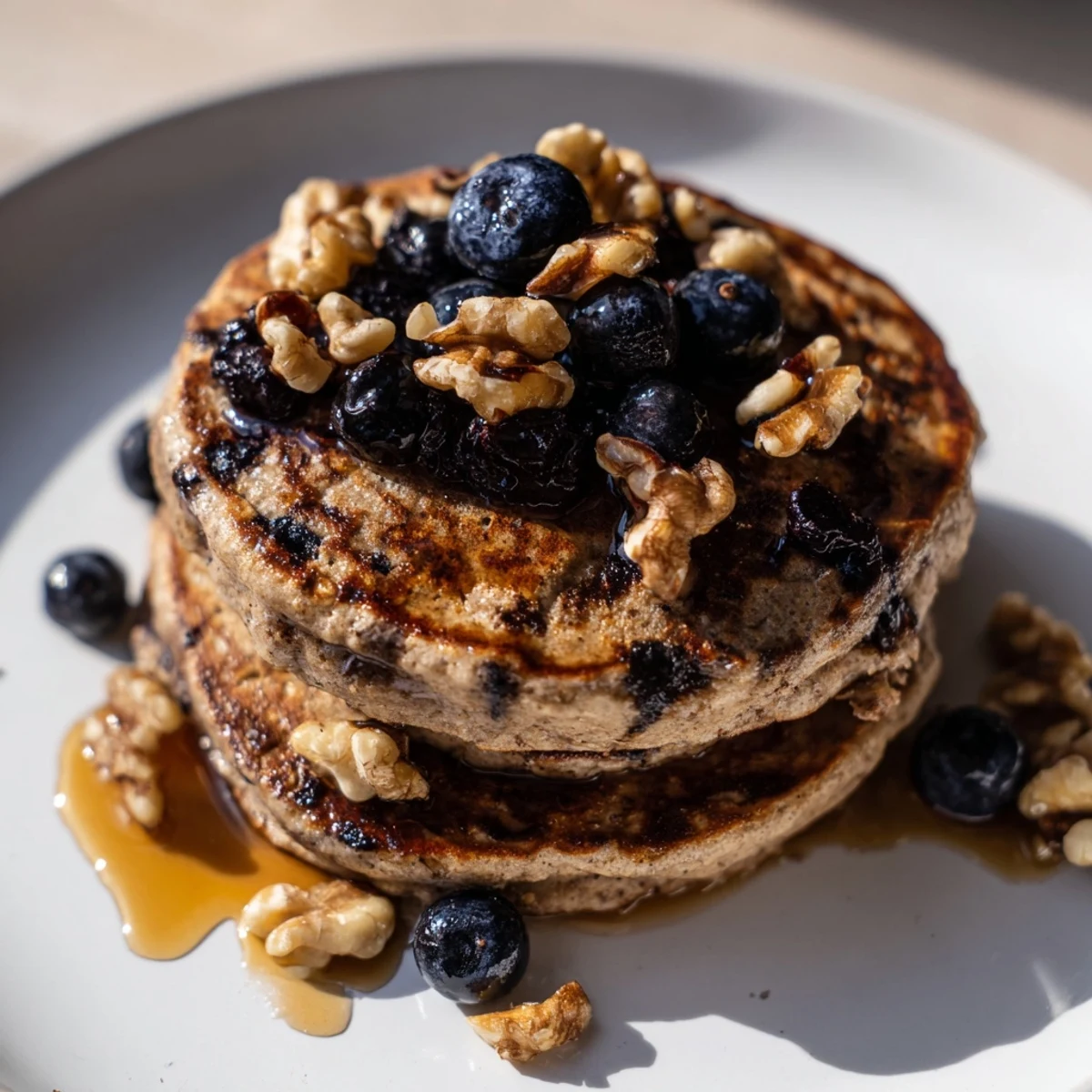 Warm protein banana pancakes drizzled with maple syrup on a white plate