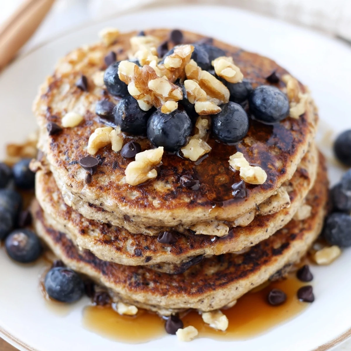 Homemade protein banana pancakes cooking in a skillet with bubbles forming on top