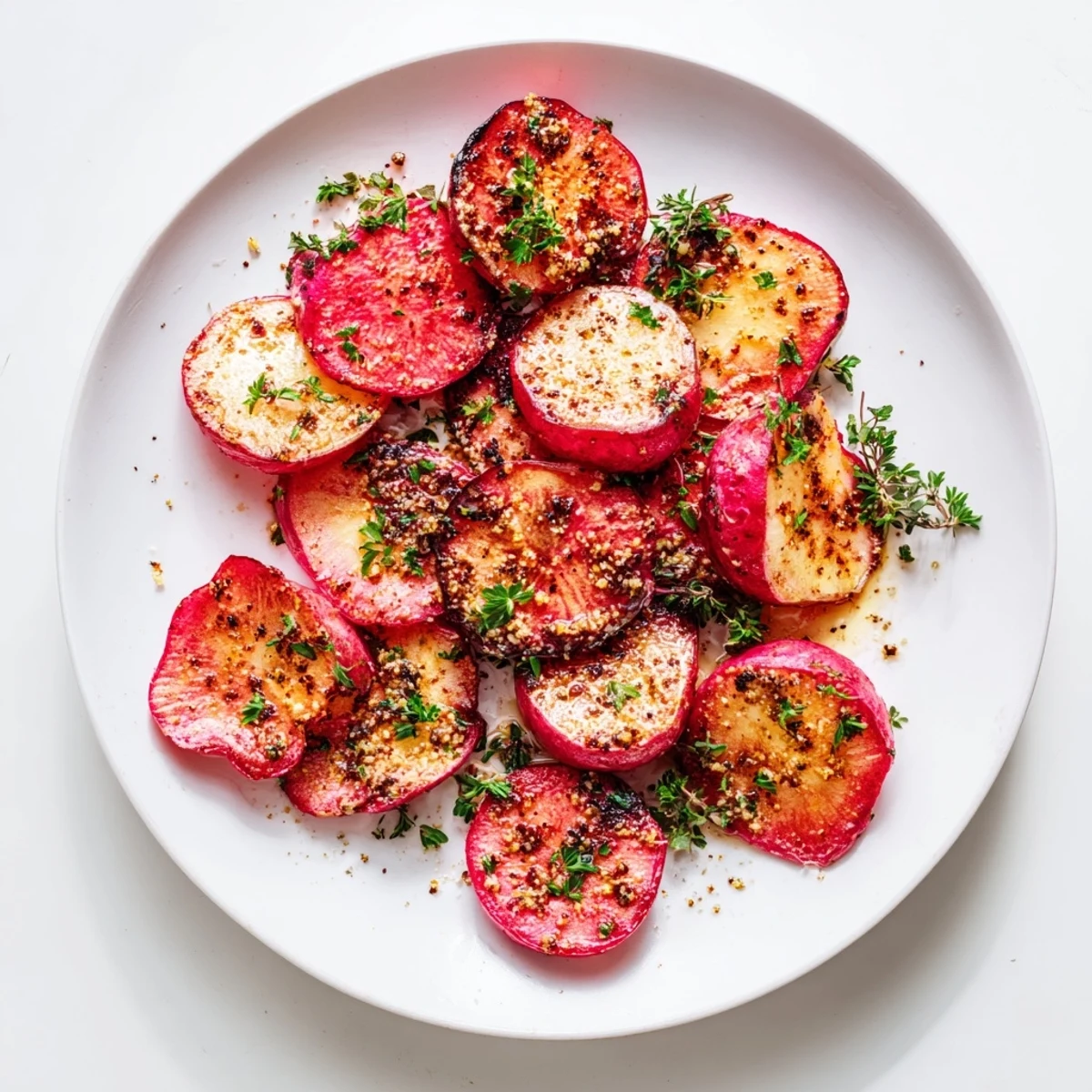 Golden brown garlic roasted radishes arranged on a white serving platter with fresh parsley garnish