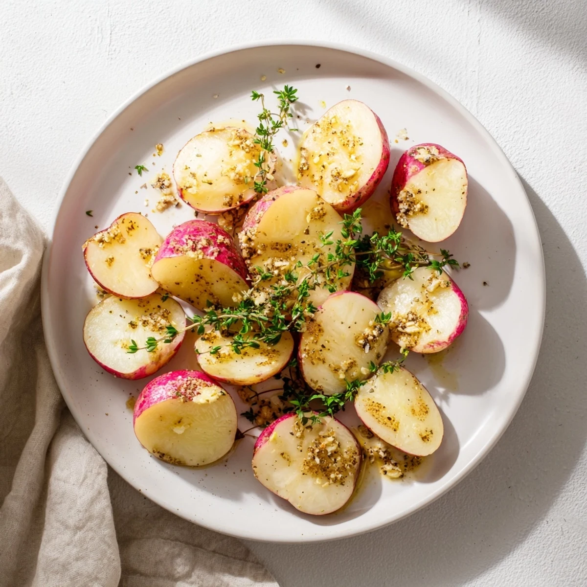 Tender halved radishes caramelized and roasted with garlic herbs on a parchment lined baking sheet