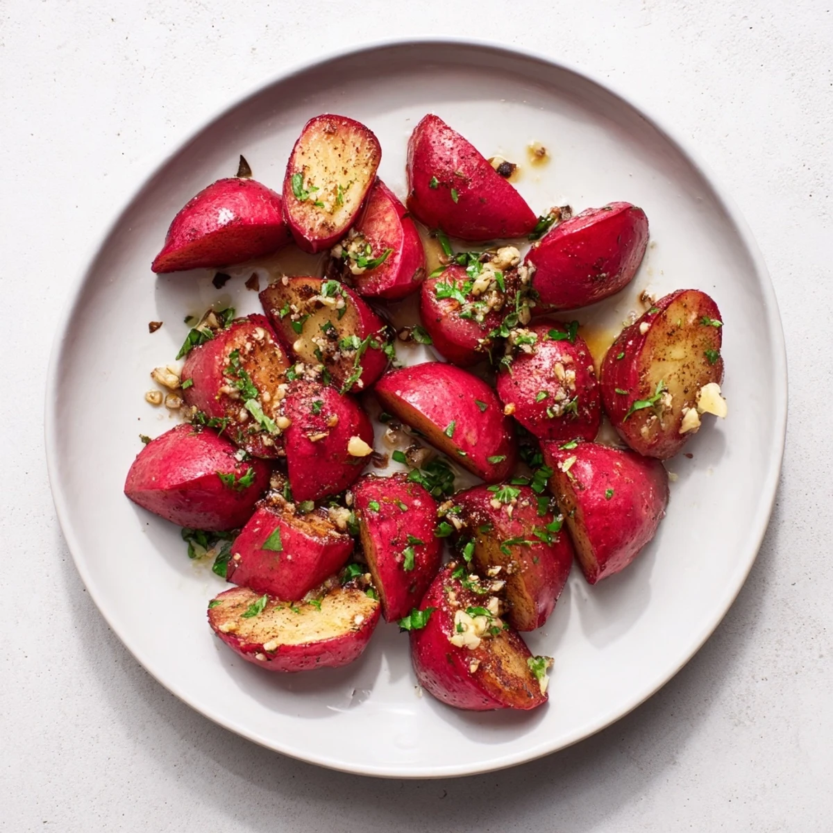 Savory low carb garlic roasted radishes served warm in a rustic bowl with thyme sprinkles