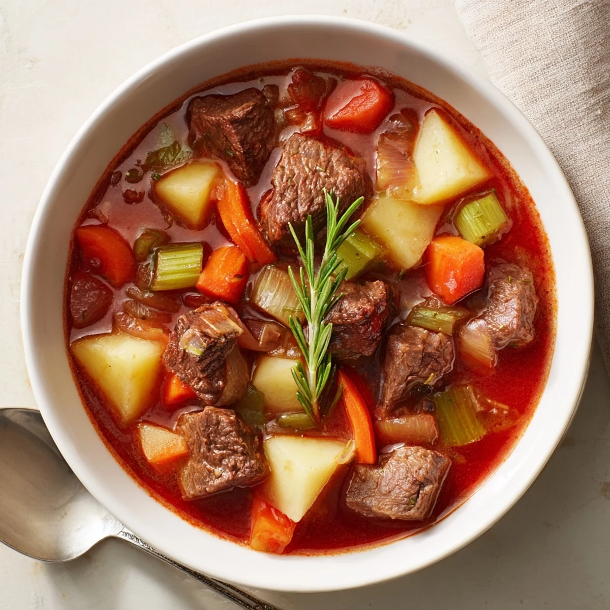 Rustic Italian beef stew bubbling in a cast iron pot with tender chunks and vegetables