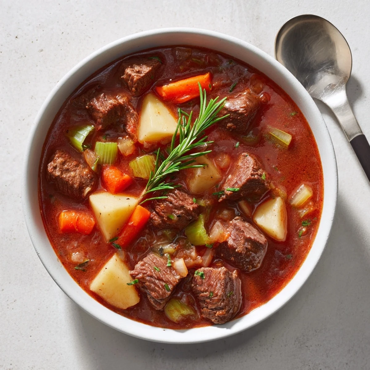 Hearty Spezzatino Di Manzo served in a deep bowl with crusty bread for dipping
