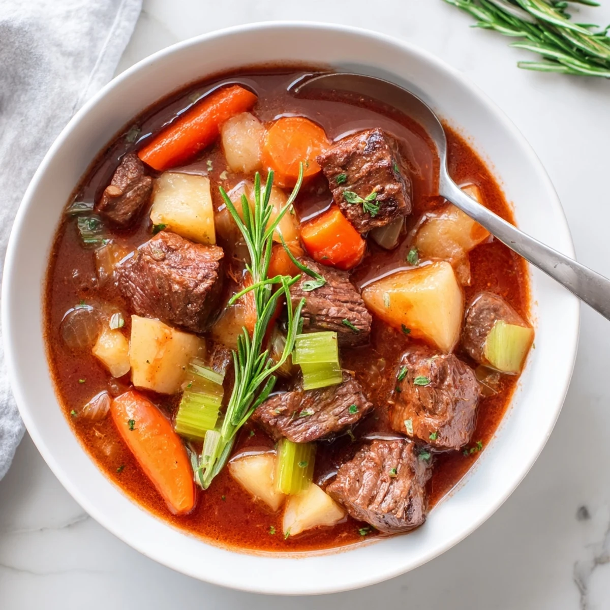 Golden brown beef cubes simmering in rich red wine sauce with potatoes and aromatic herbs