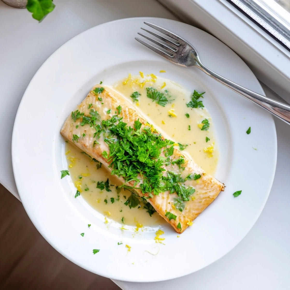 Flaky salmon with lemon cream sauce served on white plate with vibrant green garnish