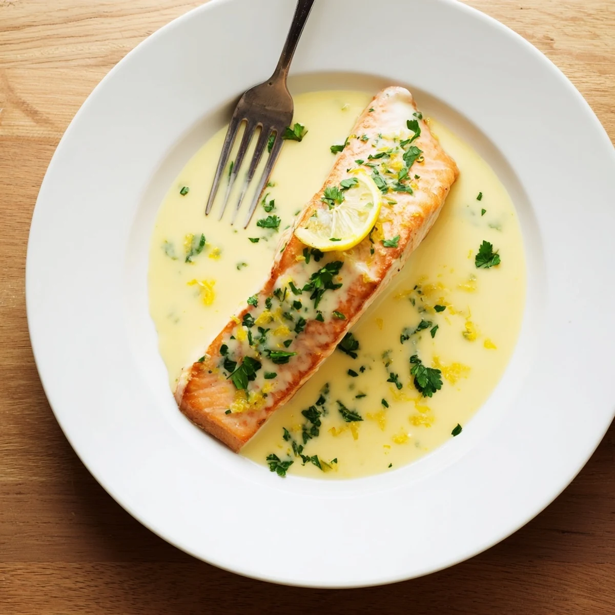 Succulent salmon topped with zesty lemon cream sauce plated with rustic wooden serving spoon