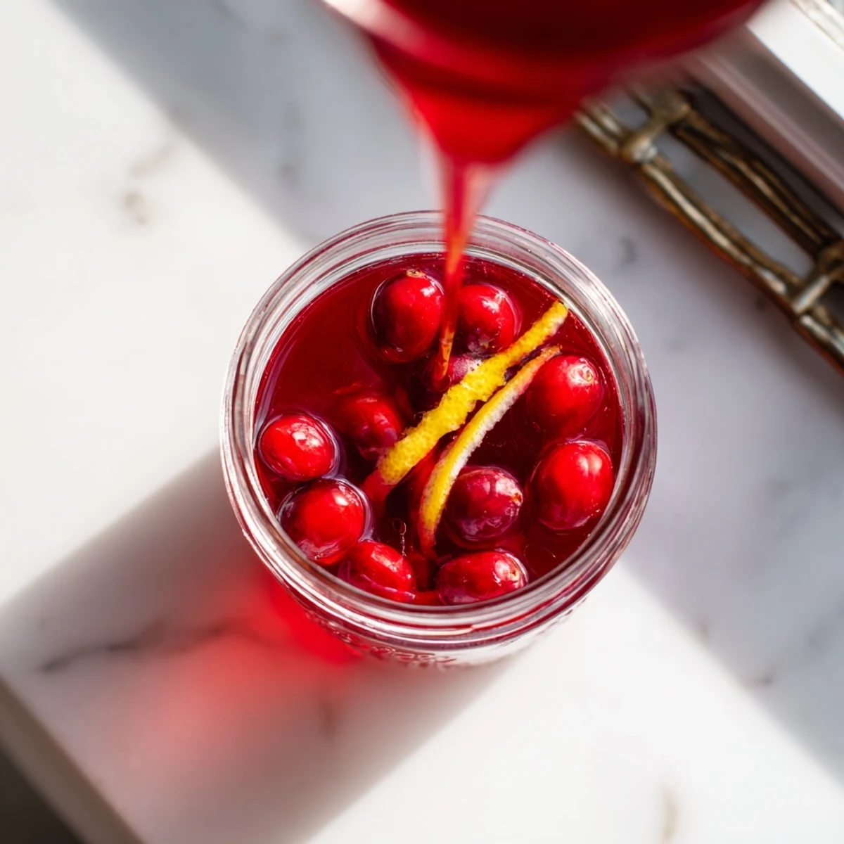 Bright red cranberry syrup simmering in saucepan, burst fruit bubbles creating thick tangy topping