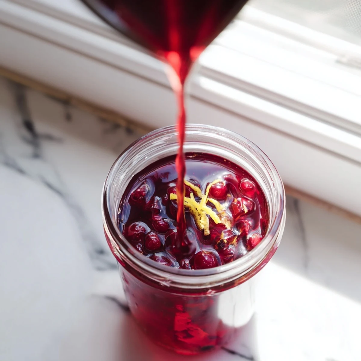 Homemade cranberry syrup in a glass jar, deep red liquid ready for drizzling over pancakes