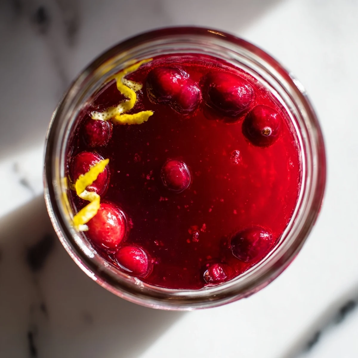 Cranberry syrup poured from glass pitcher, vibrant ruby-red sauce for cocktails and breakfast dishes