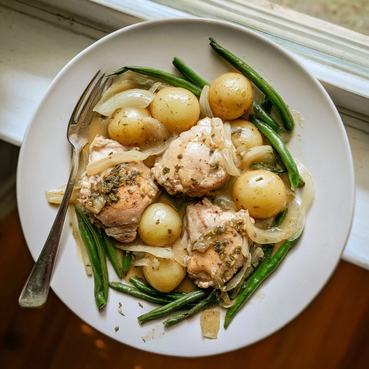 Slow cooker chicken and potatoes with green beans in a rich, savory broth