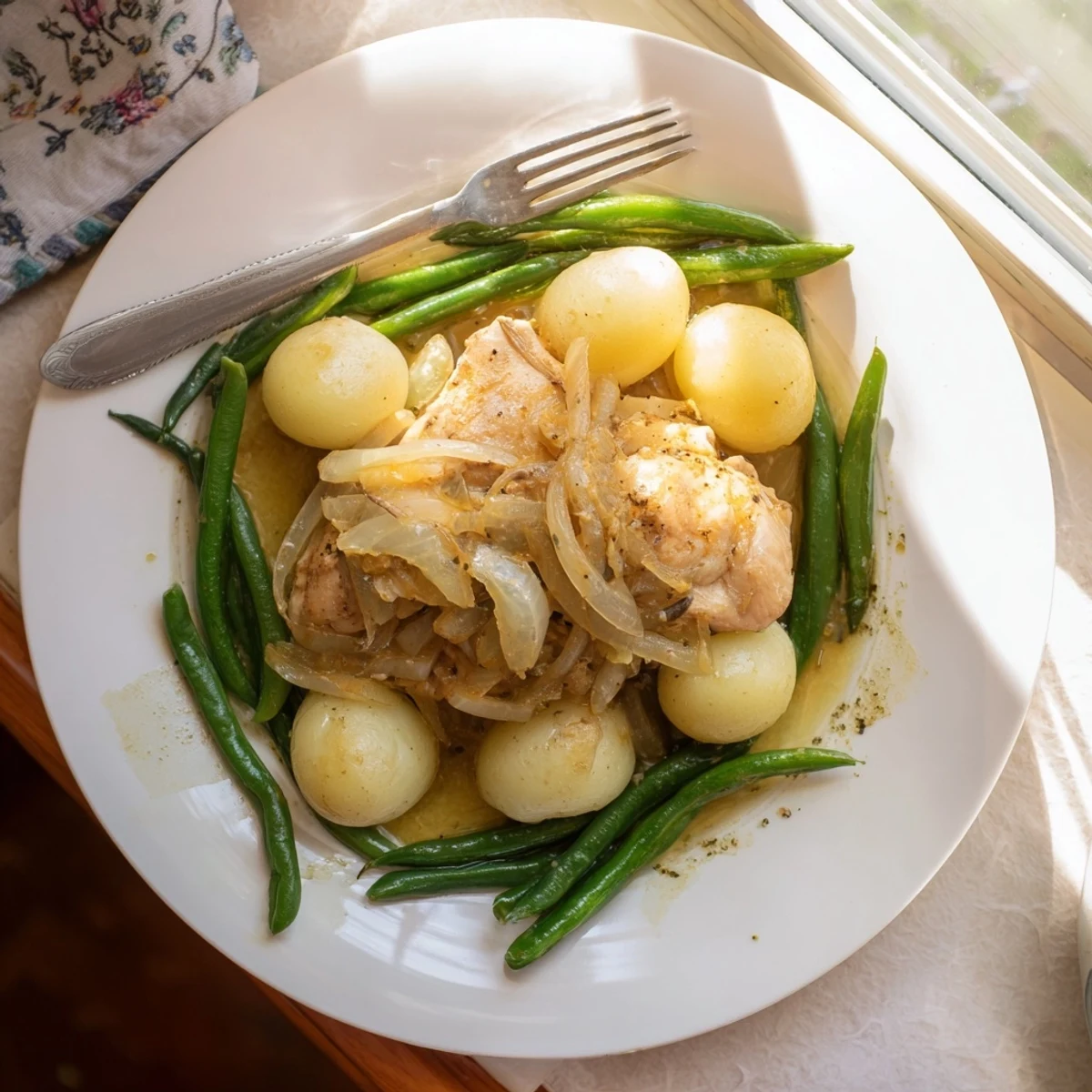 Tender chicken thighs nestled with baby potatoes and crisp green beans in a slow cooker