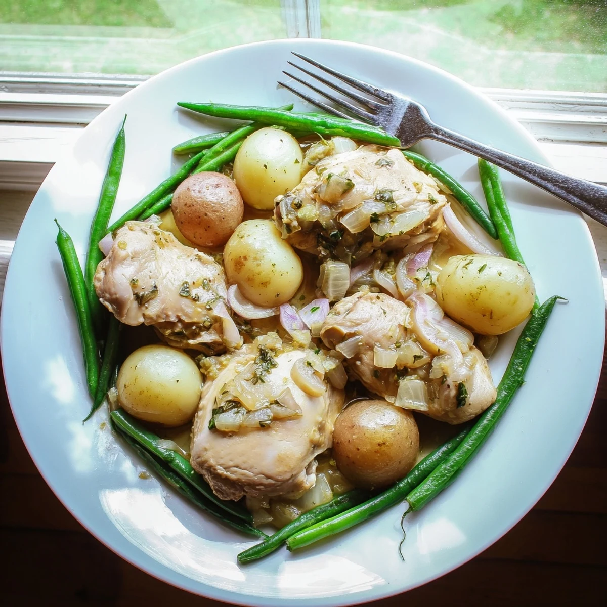 One-pot slow cooker chicken and potatoes with green beans seasoned with herbs and lemon