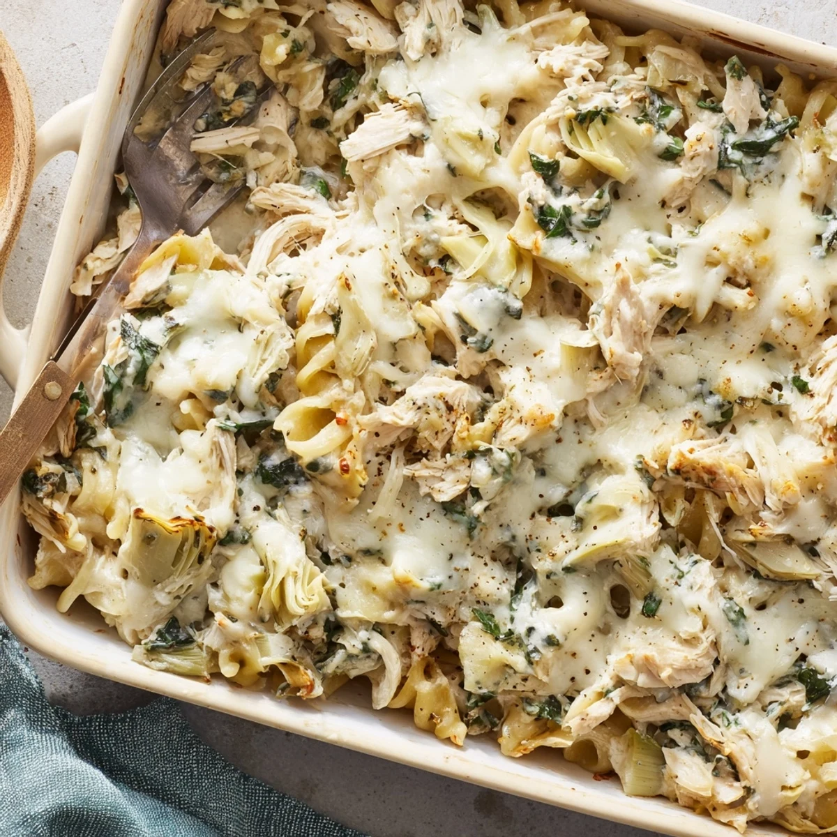 Golden spinach artichoke chicken casserole with bubbling mozzarella cheese topping on a white baking dish