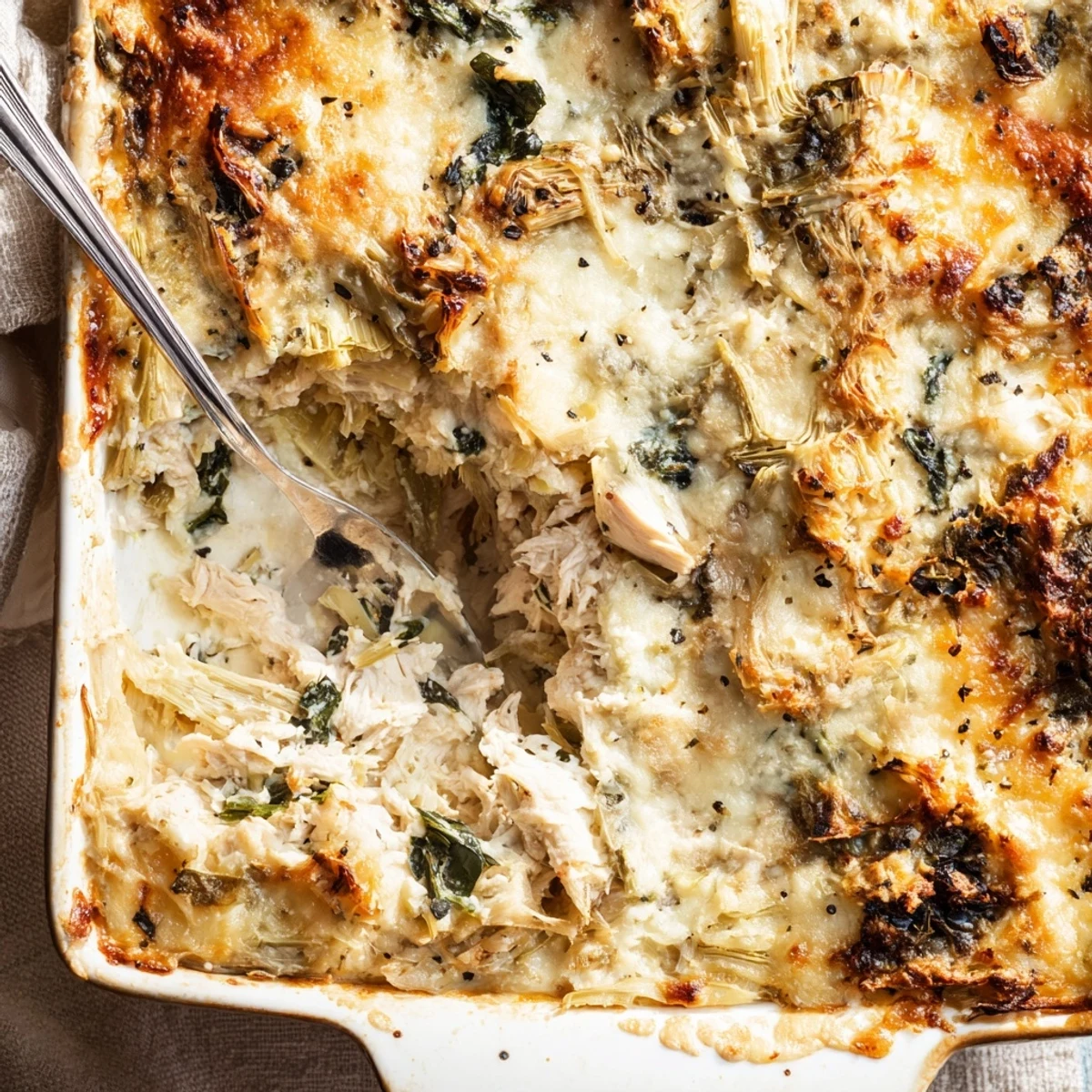 Creamy chicken casserole baked with fresh spinach artichokes and melted parmesan mozzarella cheese sauce