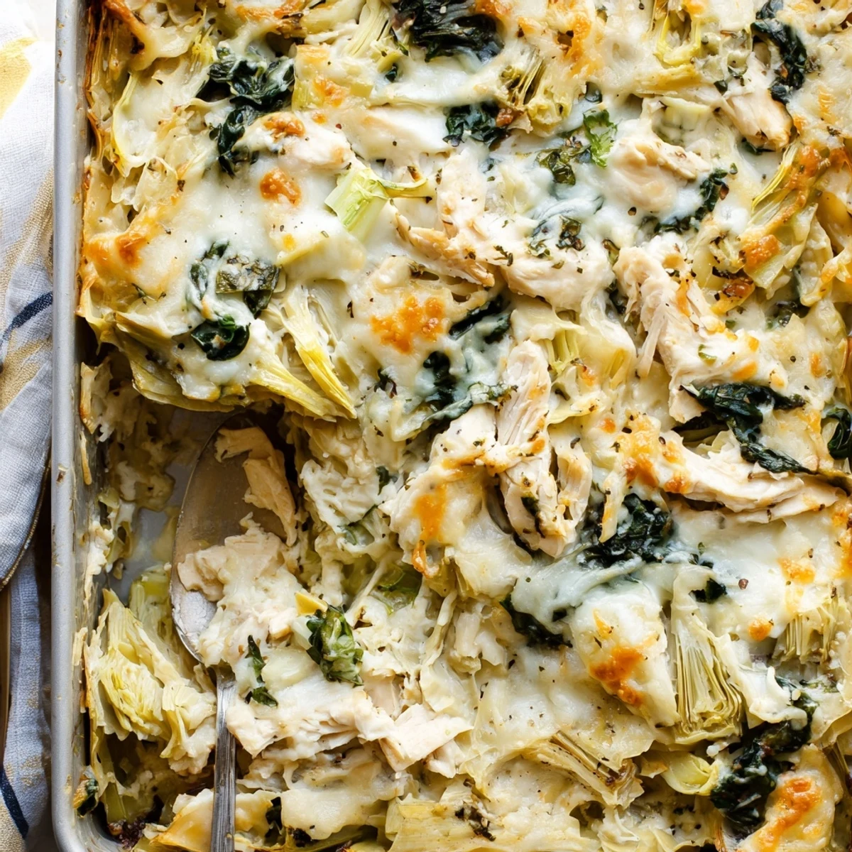 Savory spinach artichoke chicken casserole fresh from oven showing golden brown cheesy crust
