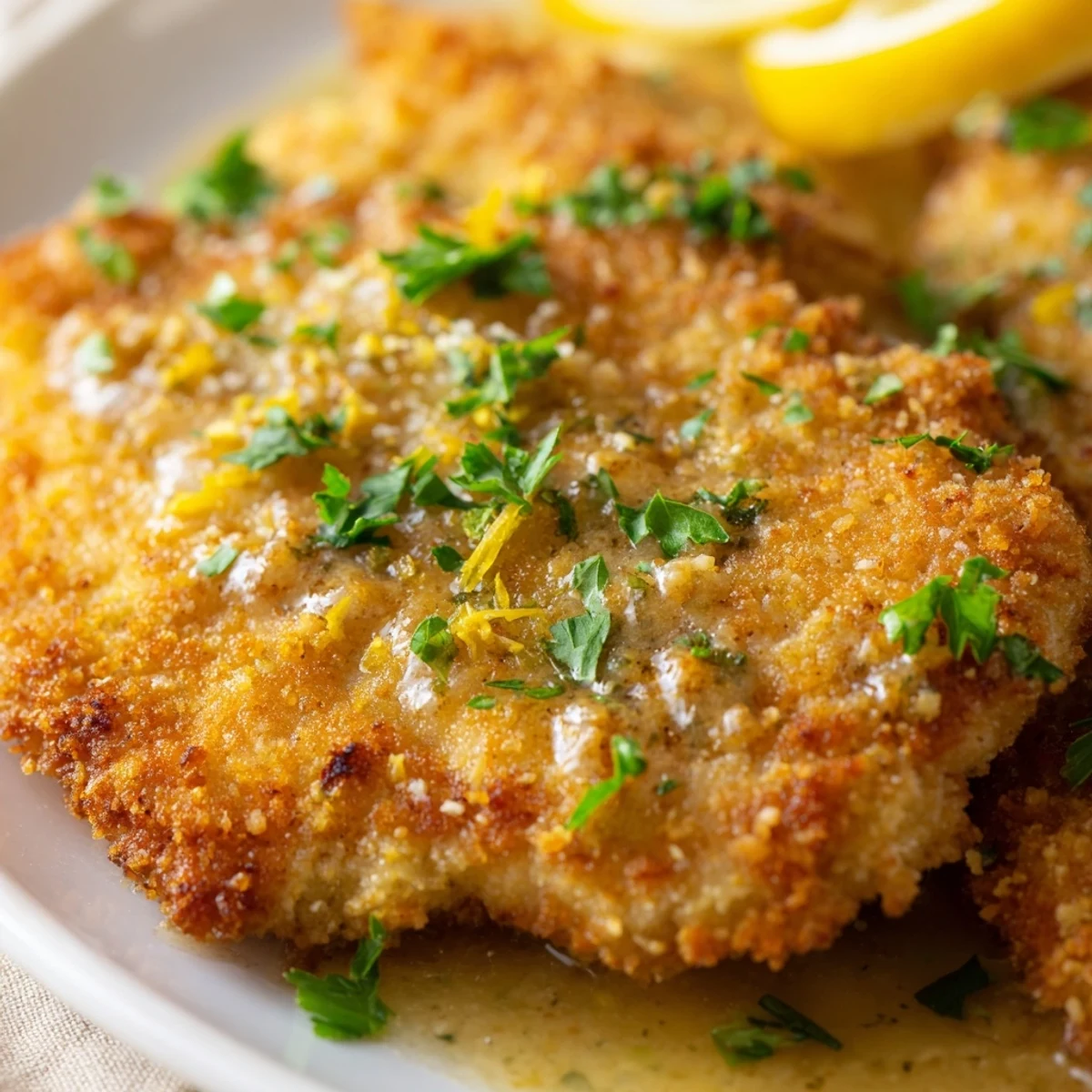 Golden crispy Lemon Chicken Romano with zesty lemon garnish on a white plate