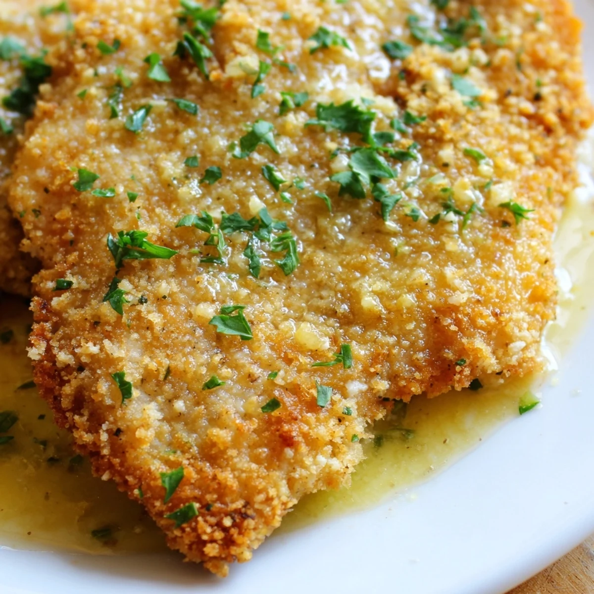 Savory Romano crusted chicken cutlets drizzled with light lemon butter sauce and parsley