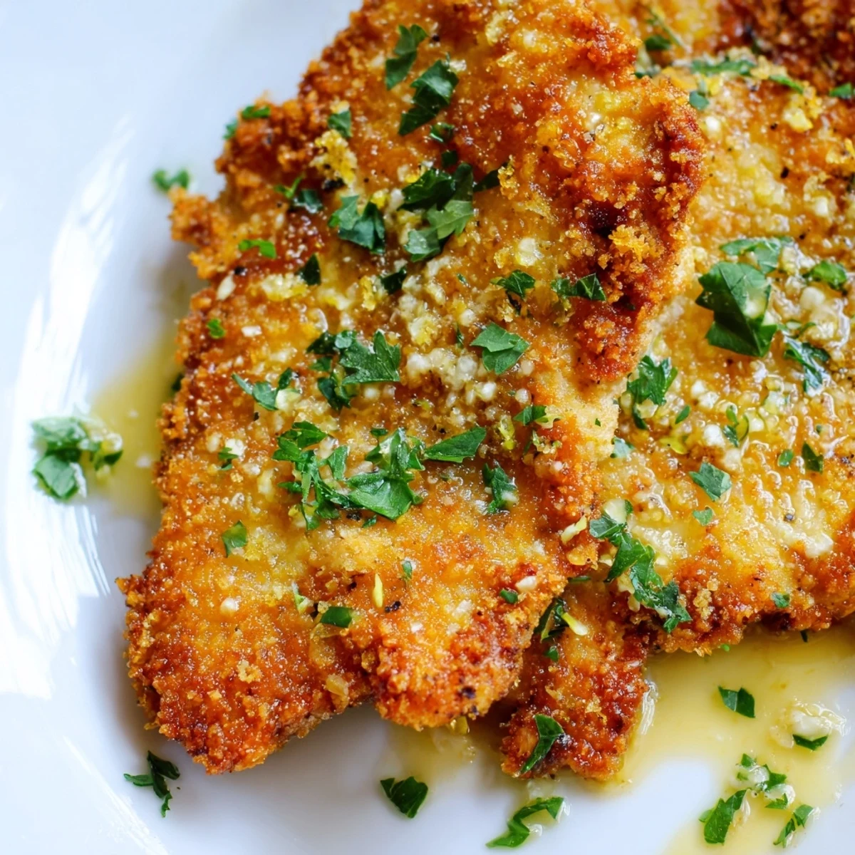 Pan-fried Lemon Chicken Romano breasts topped with fresh herbs and tangy lemon reduction