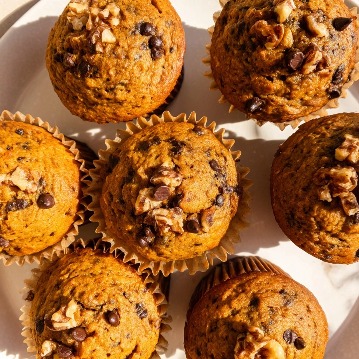 Golden butternut squash banana muffins topped with walnuts, fresh from the oven on a wire cooling rack
