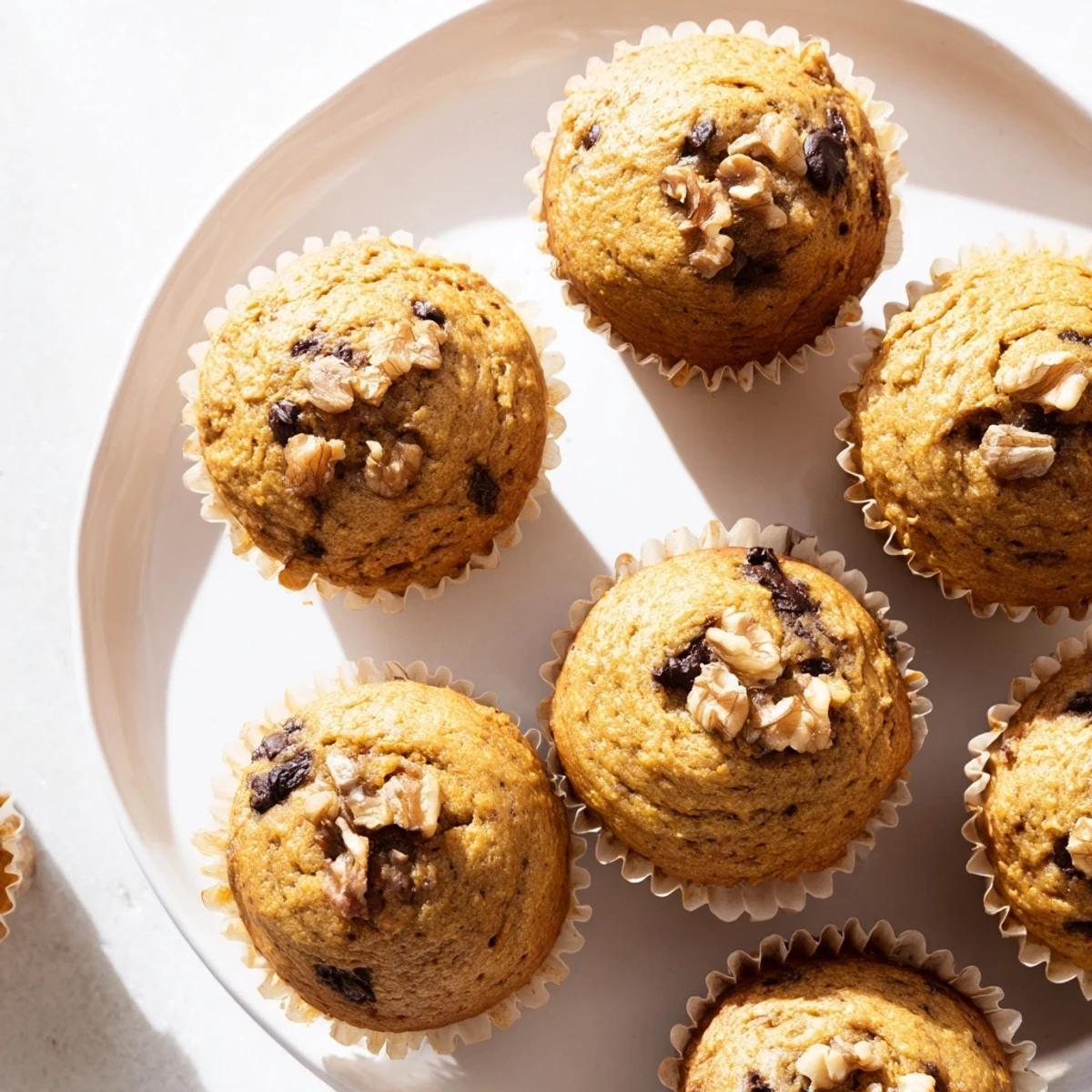 Moist breakfast muffins made with roasted squash and ripe bananas, sprinkled with cinnamon and chocolate chips