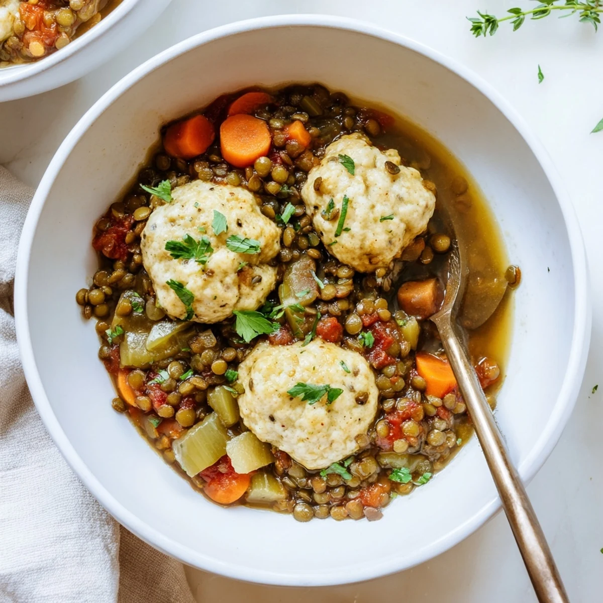 Golden brown fluffy dumplings steaming atop savory lentil stew with carrots and celery
