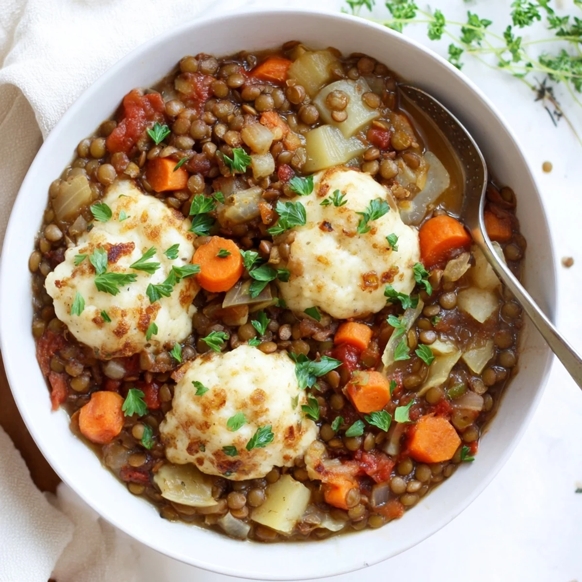 Hearty lentils with dumplings simmering in a rich vegetable broth with fresh herbs