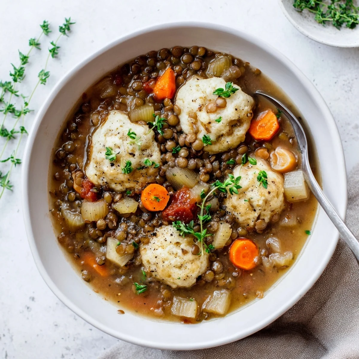 Comforting bowl of lentils with dumplings garnished with parsley and served piping hot